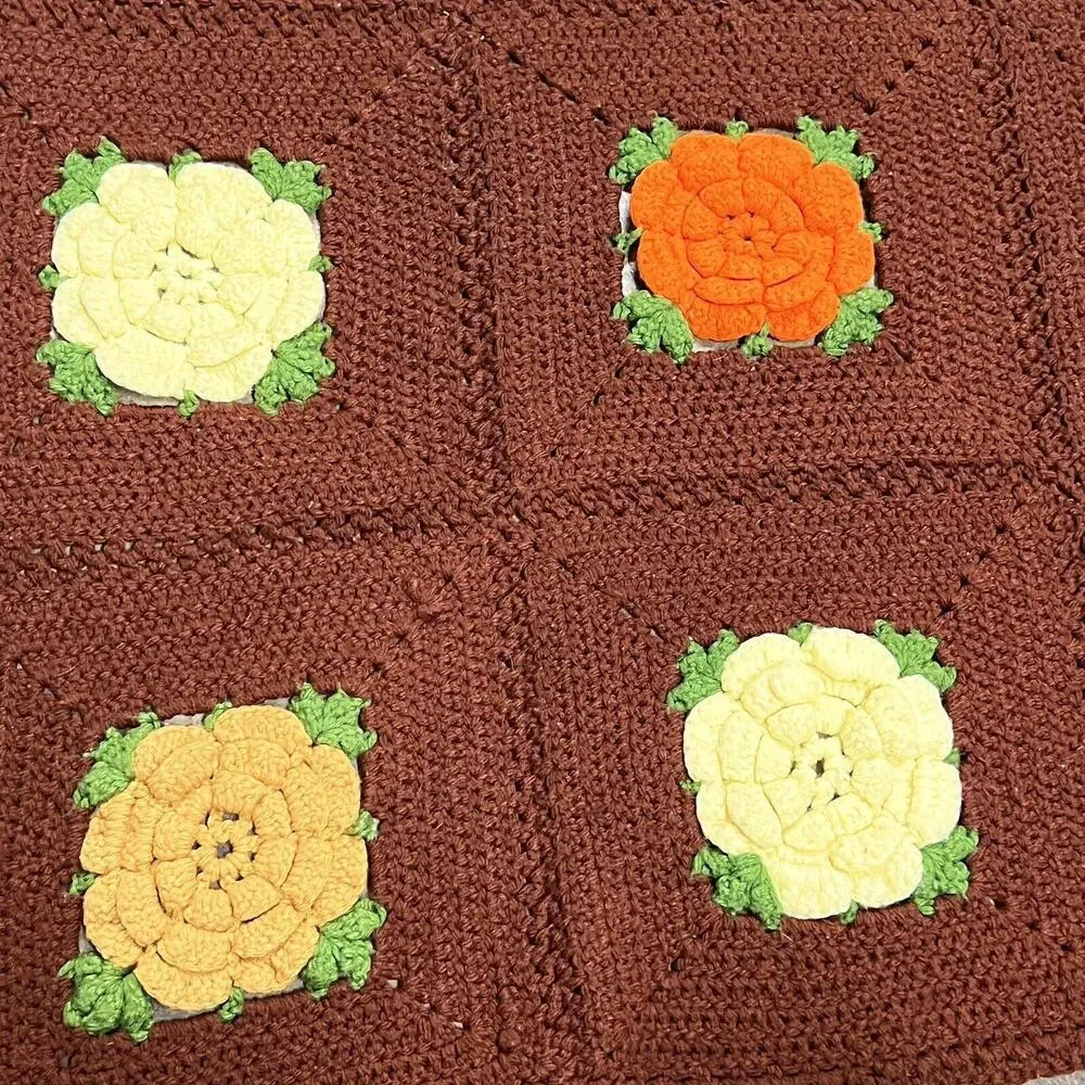 VTG Afghan Blanket 3D Flower Crochet Granny Square Handmade Throw Brown 60”x50”